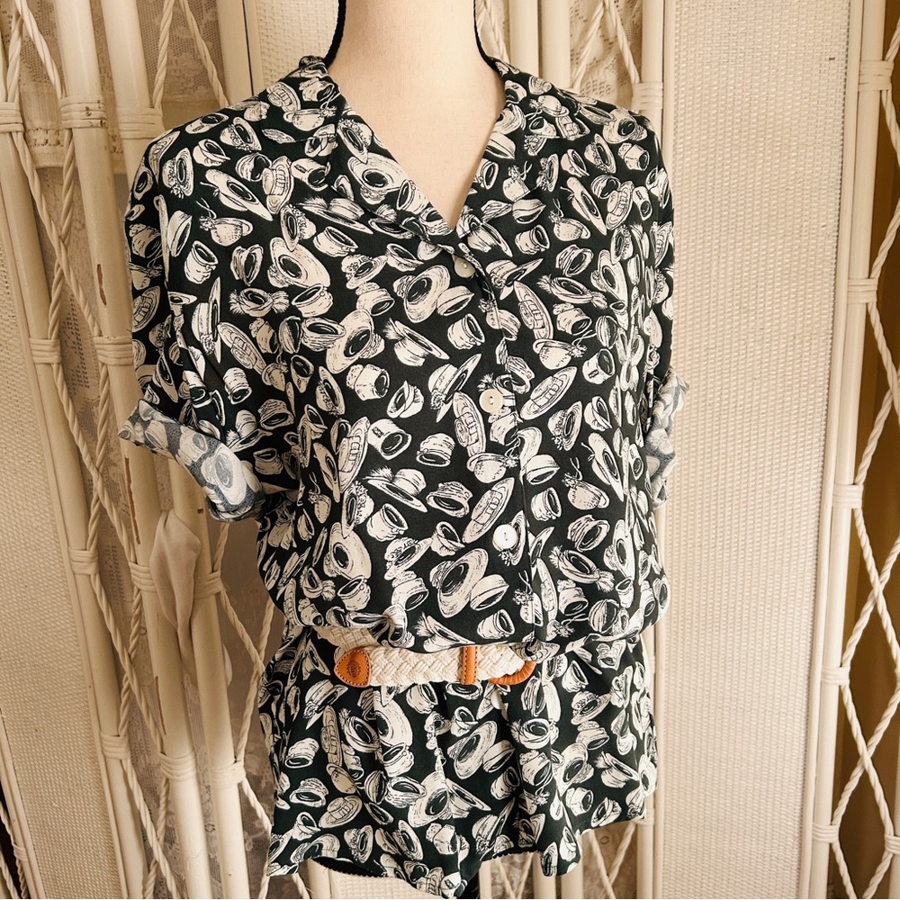 Vintage 90s Liz Claiborne Hat-Print Blouse – Green & Ivory – Button Front – Size - Picture 4 of 15
